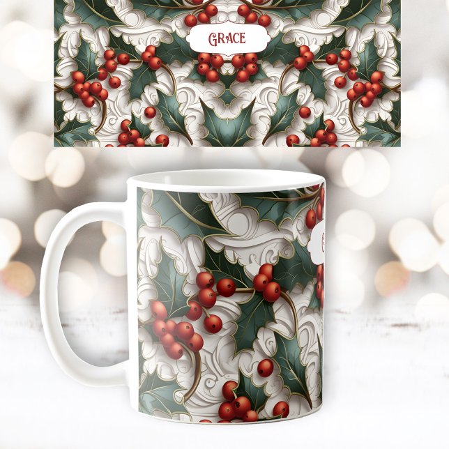 Christmas Holly Ornamental Pattern Name Mug (Christmas Holly Ornamental Pattern Name Mug)