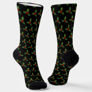 Christmas Holly Pattern Black Socks