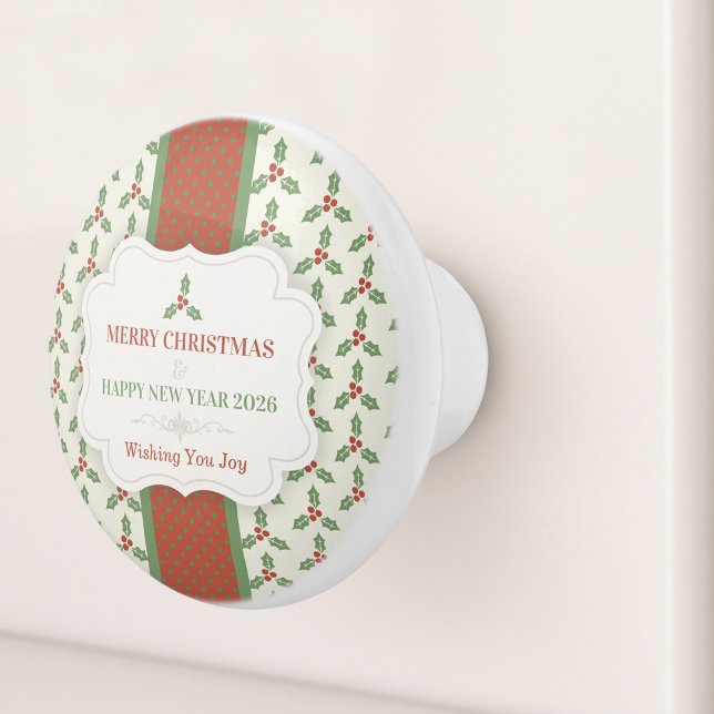 Christmas Holly Pattern Green Holly Red Berries Ceramic Knob (Creator Uploaded)