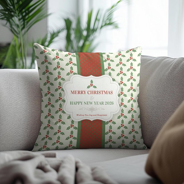 Christmas Holly Pattern Green Holly Red Berries Cushion (Creator Uploaded)