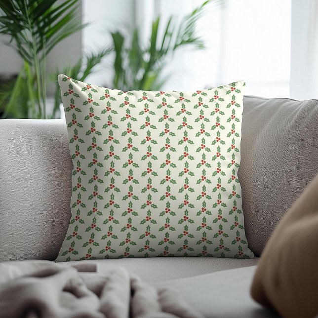 Christmas Holly Pattern Green Holly Red Berries Cushion (Creator Uploaded)