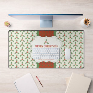 Christmas Holly Pattern Green Holly Red Berries Desk Mat