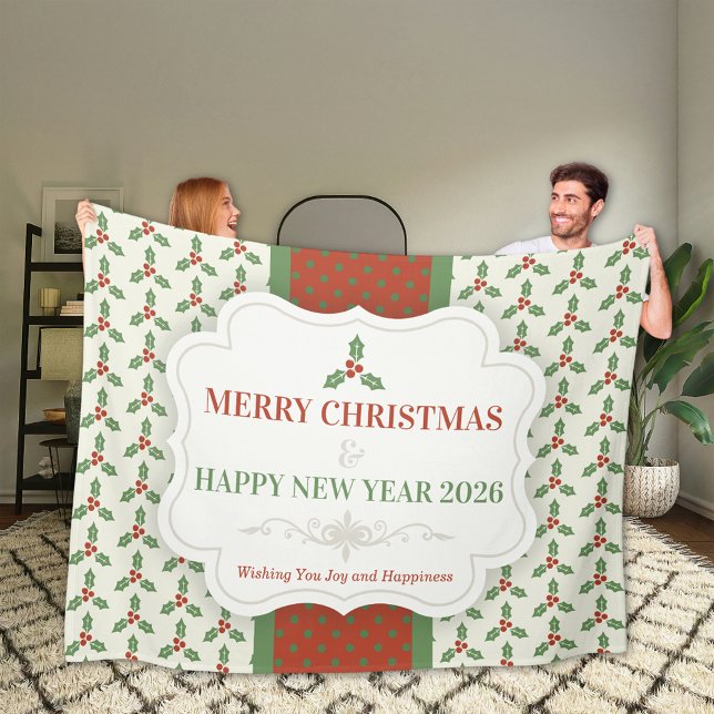 Christmas Holly Pattern Green Holly Red Berries Fleece Blanket (Creator Uploaded)