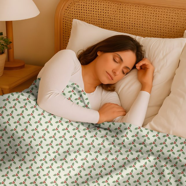 Christmas Holly Pattern Green Holly Red Berries Fleece Blanket (Creator Uploaded)
