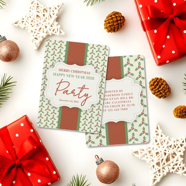 Christmas Holly Pattern Green Holly Red Berries Invitation (Creator Uploaded)