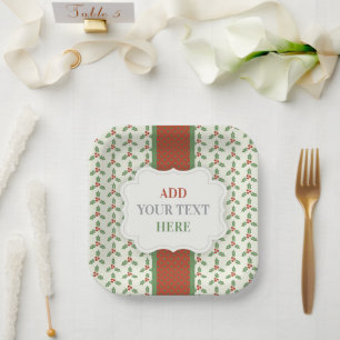 Christmas Holly Pattern Green Holly Red Berries Paper Plate