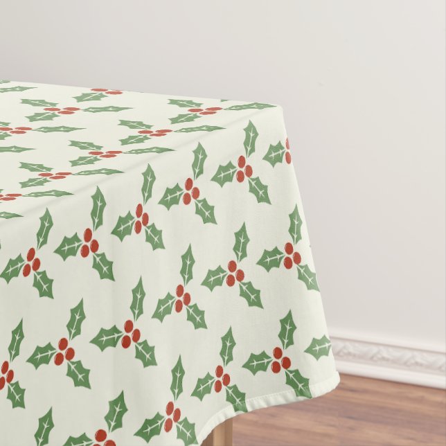 Christmas Holly Pattern Green Holly Red Berries Tablecloth (In Situ)