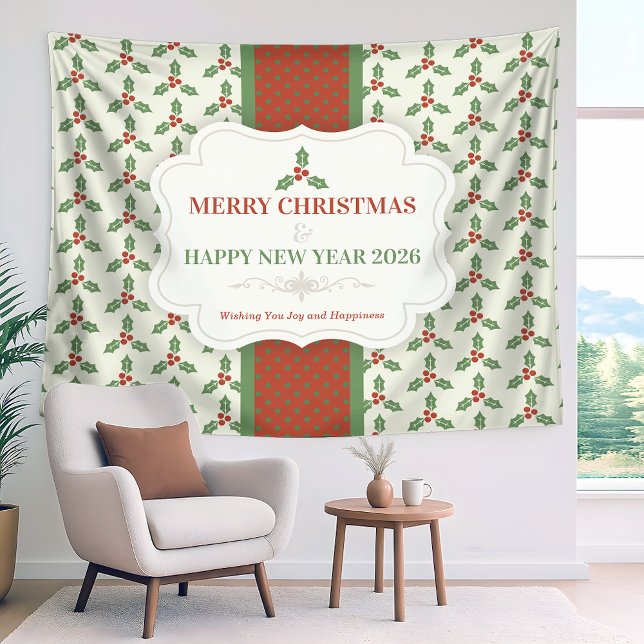 Christmas Holly Pattern Green Holly Red Berries Tapestry (Creator Uploaded)