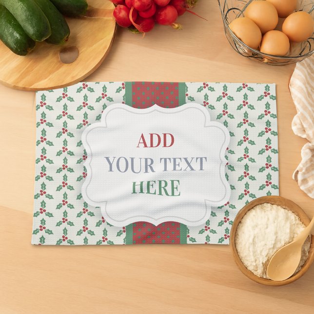 Christmas Holly Pattern Green Holly Red Berries Tea Towel (Creator Uploaded)