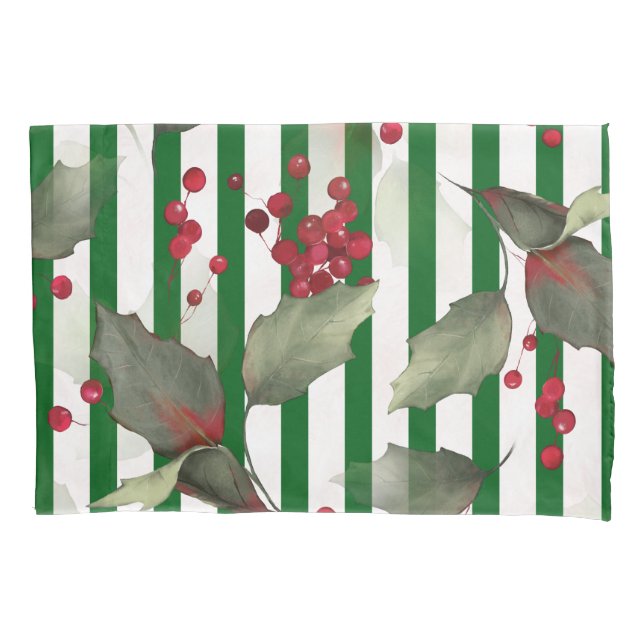 Christmas Holly Pattern Green Stripes  Pillowcase (Front)