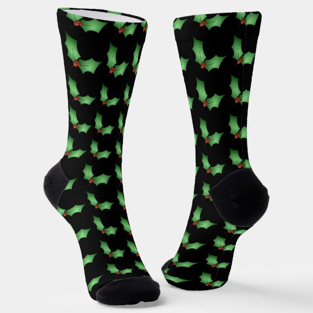 Christmas Holly Pattern on Black Socks (Angled)