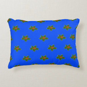 Christmas Holly pattern on blue background Decorative Cushion
