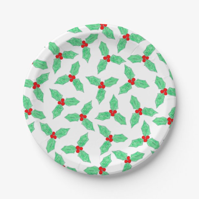 Christmas holly pattern paper plate (Front)
