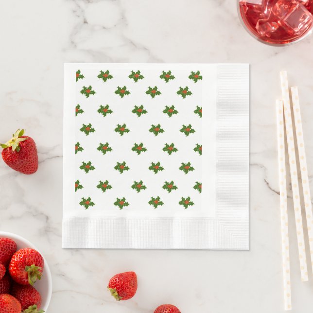 Christmas Holly Pattern Red Berries Green Leaves Napkin (Insitu)