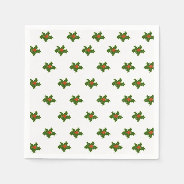 Christmas Holly Pattern Red Berries Green Leaves  Napkin (Front)