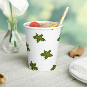 Christmas Holly Pattern Red Berries Green Leaves Paper Cups