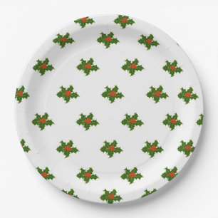 Christmas Holly Pattern Red Berries Green Leaves   Paper Plate