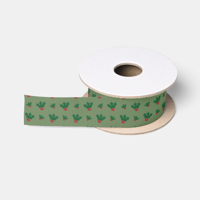 Christmas Holly Patterned Ribbon Satin Ribbon (Spool)