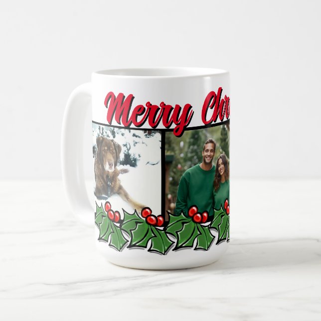 Christmas holly personalise 3 photo  coffee mug (Front Left)