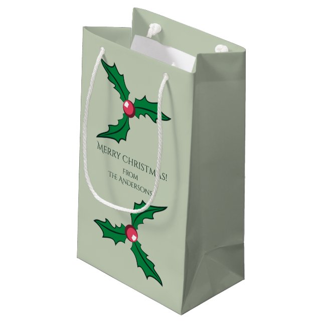 Christmas Holly Personalised Small Gift Bag (Back Angled)