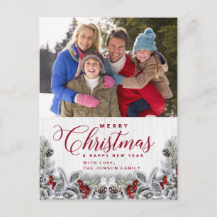 Christmas Holly Pine Rustic Photo Holiday Greeting Postcard