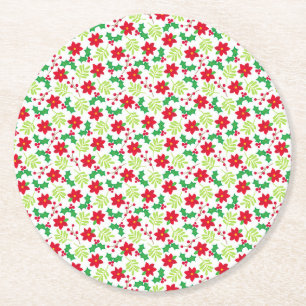 Christmas Holly Poinsettias Cute Floral Pattern 6 Round Paper Coaster