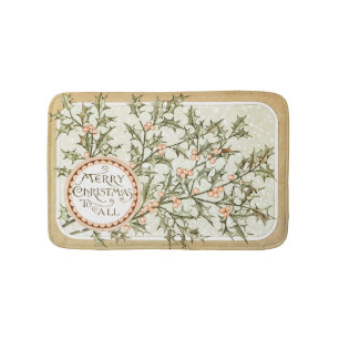 Christmas Holly Pretty Antique Greeting Bath Mat