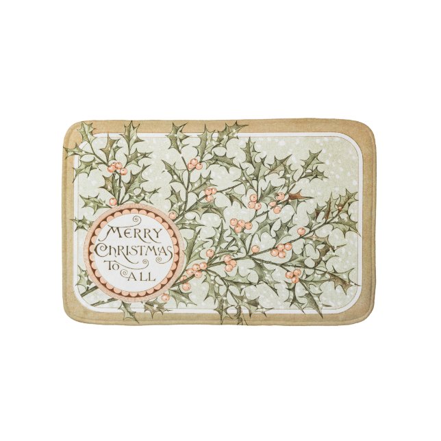 Christmas Holly Pretty Antique Greeting Bath Mat (Front)