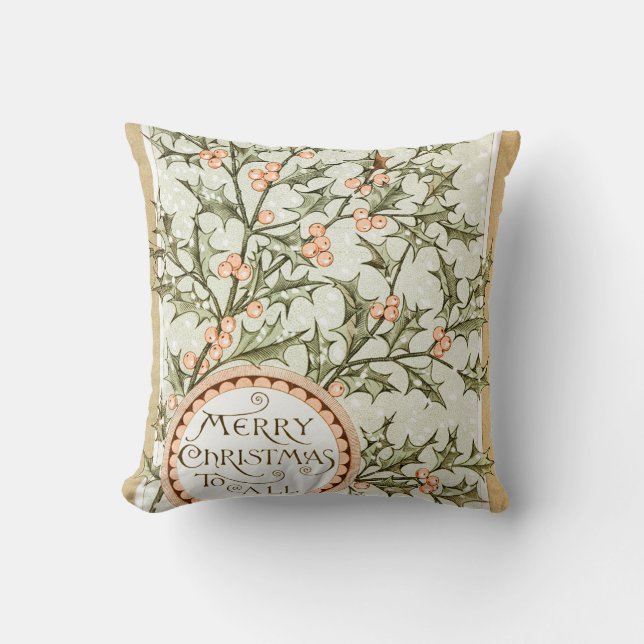 Christmas Holly Pretty Antique Greeting Cushion (Front)