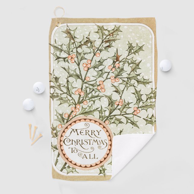 Christmas Holly Pretty Antique Greeting Golf Towel (InSitu)