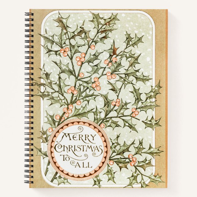 Christmas Holly Pretty Antique Greeting Notebook (Front)