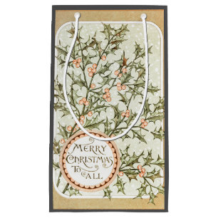 Christmas Holly Pretty Antique Greeting Small Gift Bag