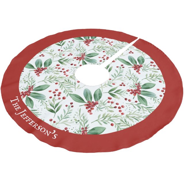 Christmas Holly Red and White Family Name Brushed Polyester Tree Skirt (Angled)