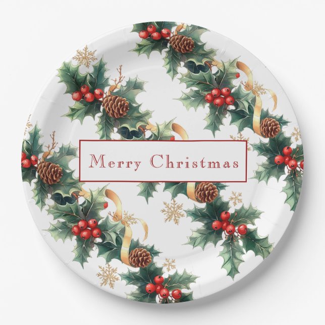 Christmas Holly Red Berries Pine Cones Gold Ribbon Paper Plate (Front)