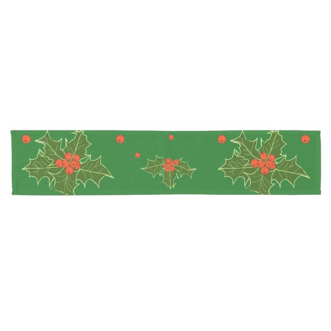 Christmas Holly Red Berries Short Table Runner (Horizontal)