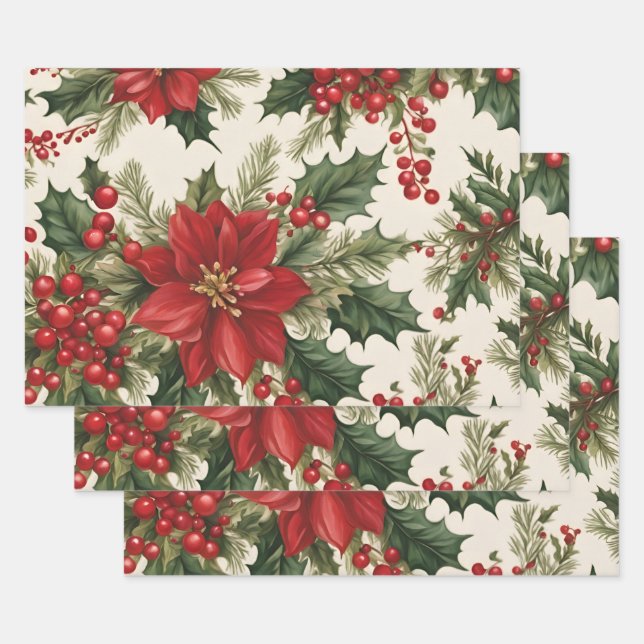 Christmas Holly & Red Berries  Wrapping Paper Sheet (Set)