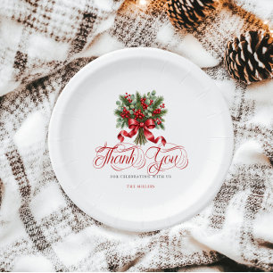 Christmas Holly Red Bow Thank You Red Typography Paper Plate