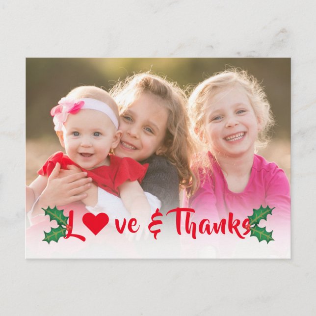 Christmas Holly Red Script Thank You Postcard (Front)