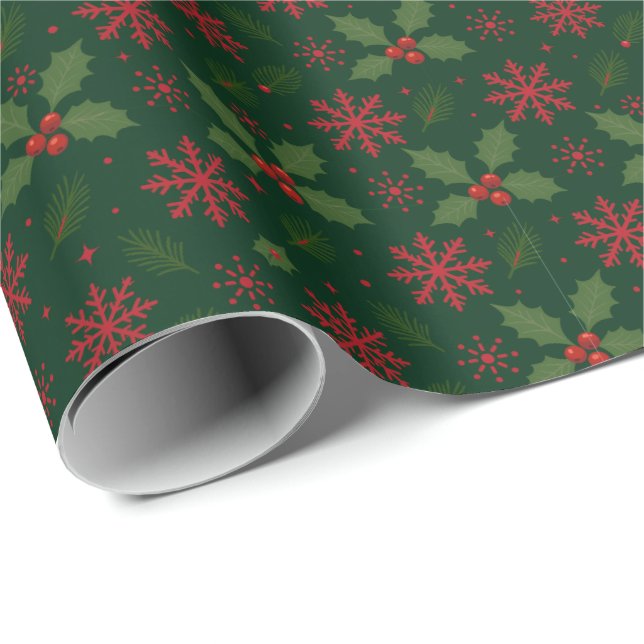 Christmas Holly & Red Snowflake Pattern Wrapping Paper (Roll Corner)