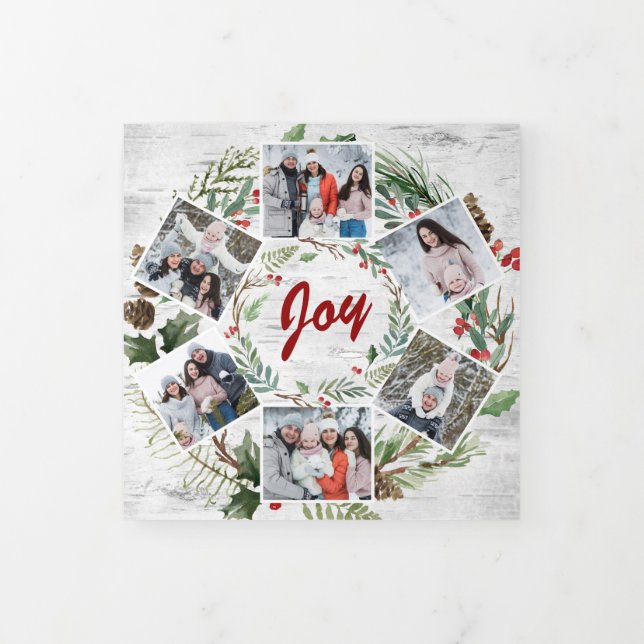 Christmas Holly Rustic Birch Bark Multi Photo Tri-Fold Holiday Card (Cover)