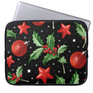 Christmas Holly Snow Stars Seamless Laptop Sleeve