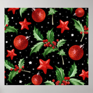 Christmas Holly Snow Stars Seamless Poster