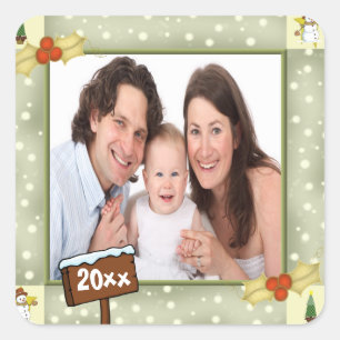 Christmas Holly & Snowmen Photo Template Square Sticker