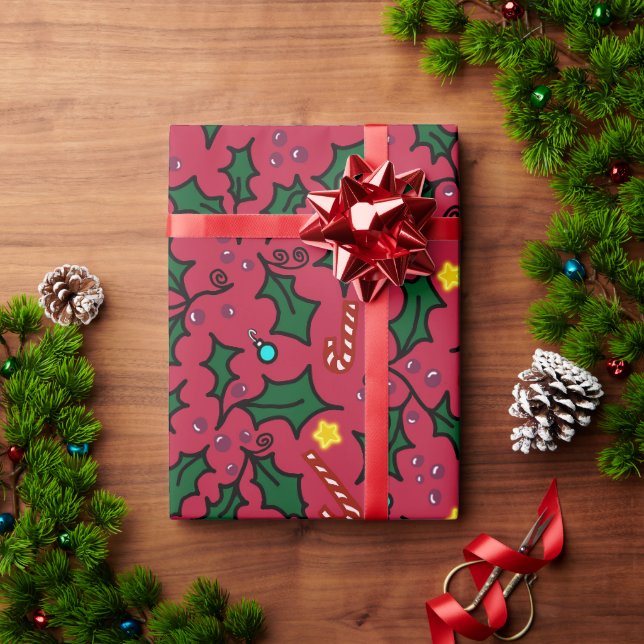 Christmas Holly Stars and Candy Canes Pattern Wrapping Paper (Holiday Gift)