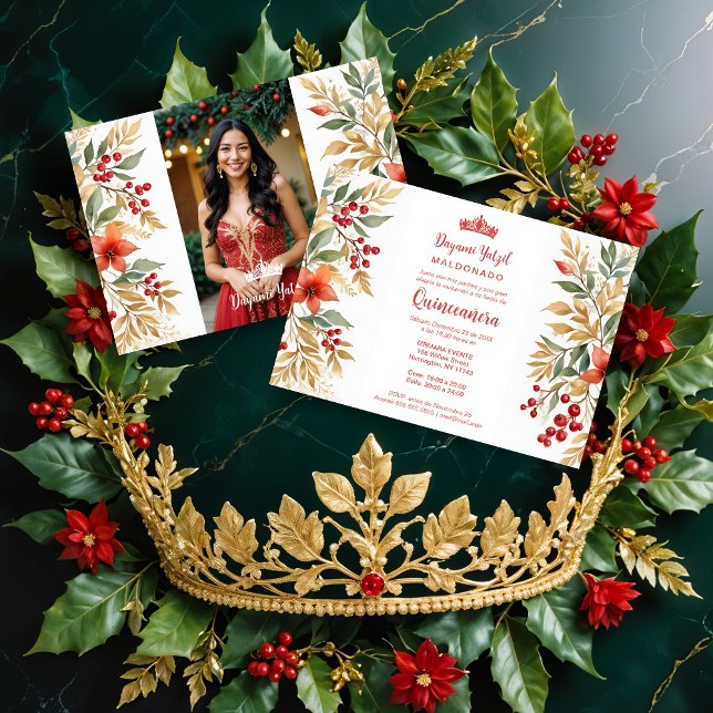 Christmas Holly Sweet Floral Spanish Photo Mis XV Invitation (Christmas Inspirations Holly Sweet Floral Spanish Photo Mis XV Invitations Cards. )
