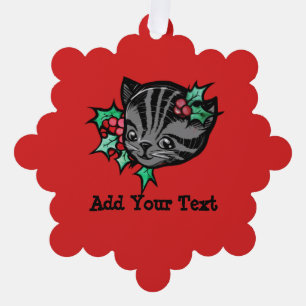 Christmas Holly Tiger Stripe Tabby Cat Xmas        Tree Decoration Card
