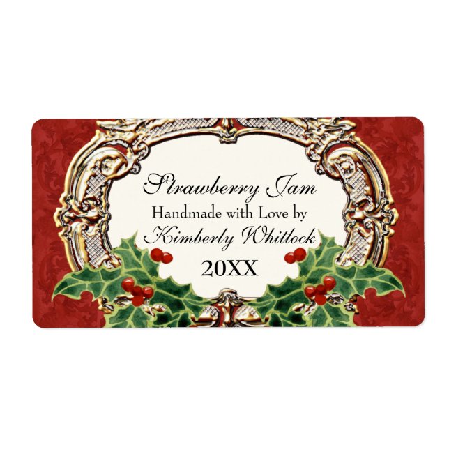 Christmas Holly w Gold Look Damask Kitchen Food (Front)
