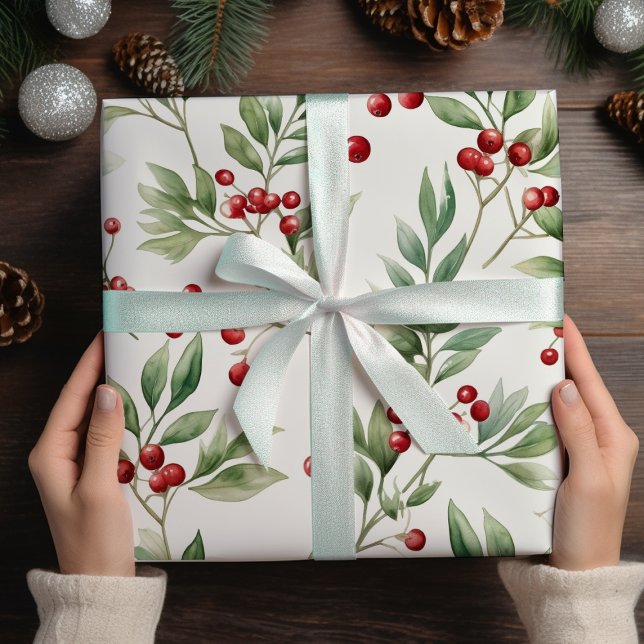 Christmas Holly Watercolor Red and Green  Wrapping Paper (Creator Uploaded)