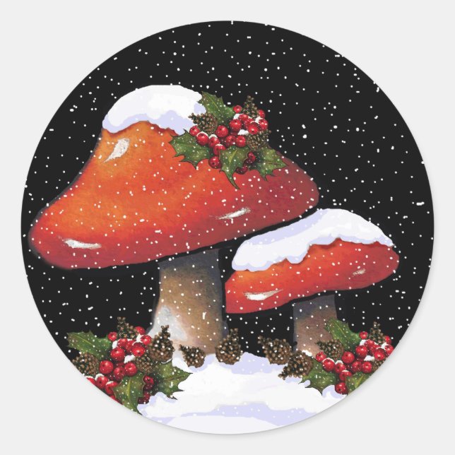 Christmas Holly With Red Mushrooms, Snow Classic Round Sticker (Front)