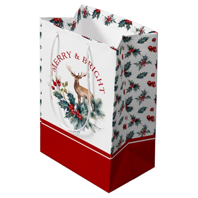 Christmas holly wreath brown deer medium gift bag (Back Angled)